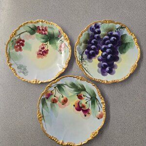 Three fruit gold trim plates Hand painted simple drawing J.P. France